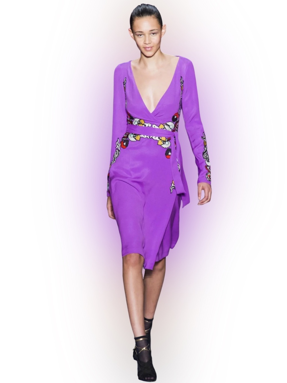 Diane von Furstenberg Floral Purple Wrap Dress Embroidered Long Sleeve Midi Sz 6